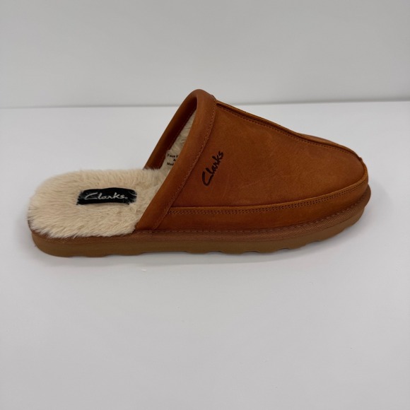Clarks Men's Size 10 Leather Faux Fur Lined Scuff Slip Ons Slippers Tan Brown - Picture 9 of 11